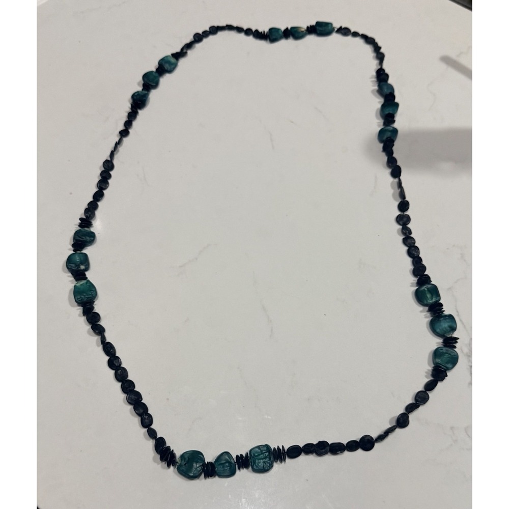 Boho Teal Seed Bead Long Necklace Handmade Mexico